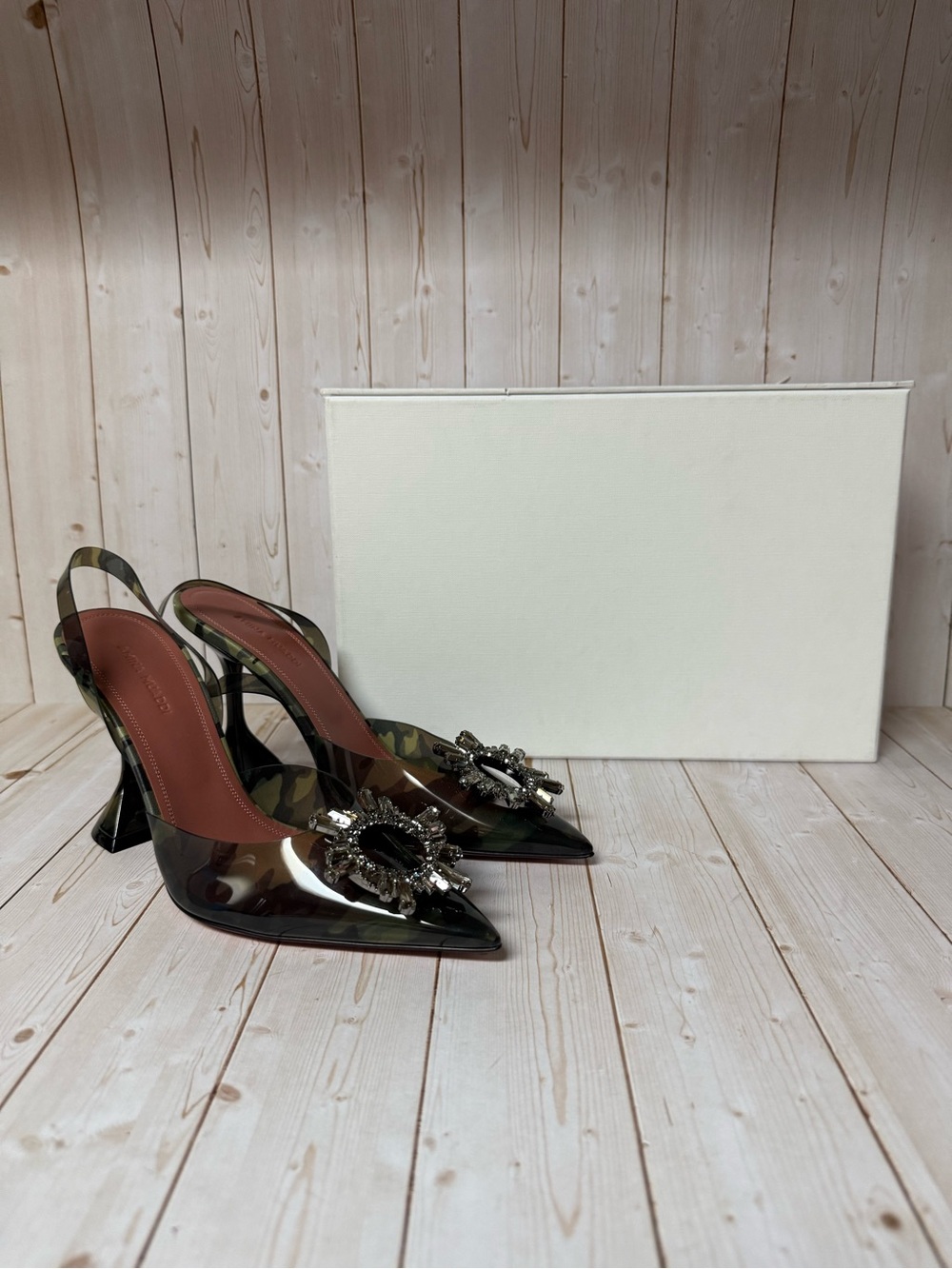 Amina Muaddi Begum ‘Glass’ Slingback Plexi PVC Heel Printed Camo Sz 37.5 / 7.5